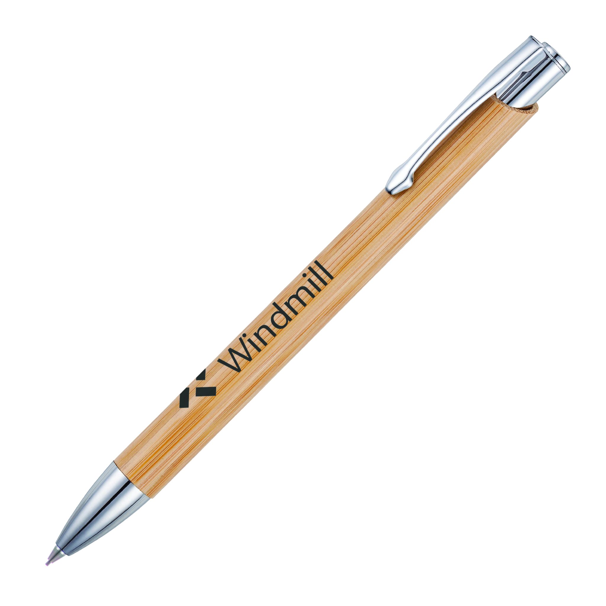 Natural bamboo mechanical pencil with barrel and retractable lead.